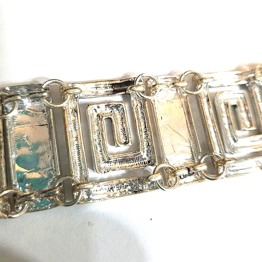 Greek Keysquare Bracelet Chunky Silvertone & Black Spiral Link T-Bar Closure - Picture 13 of 14